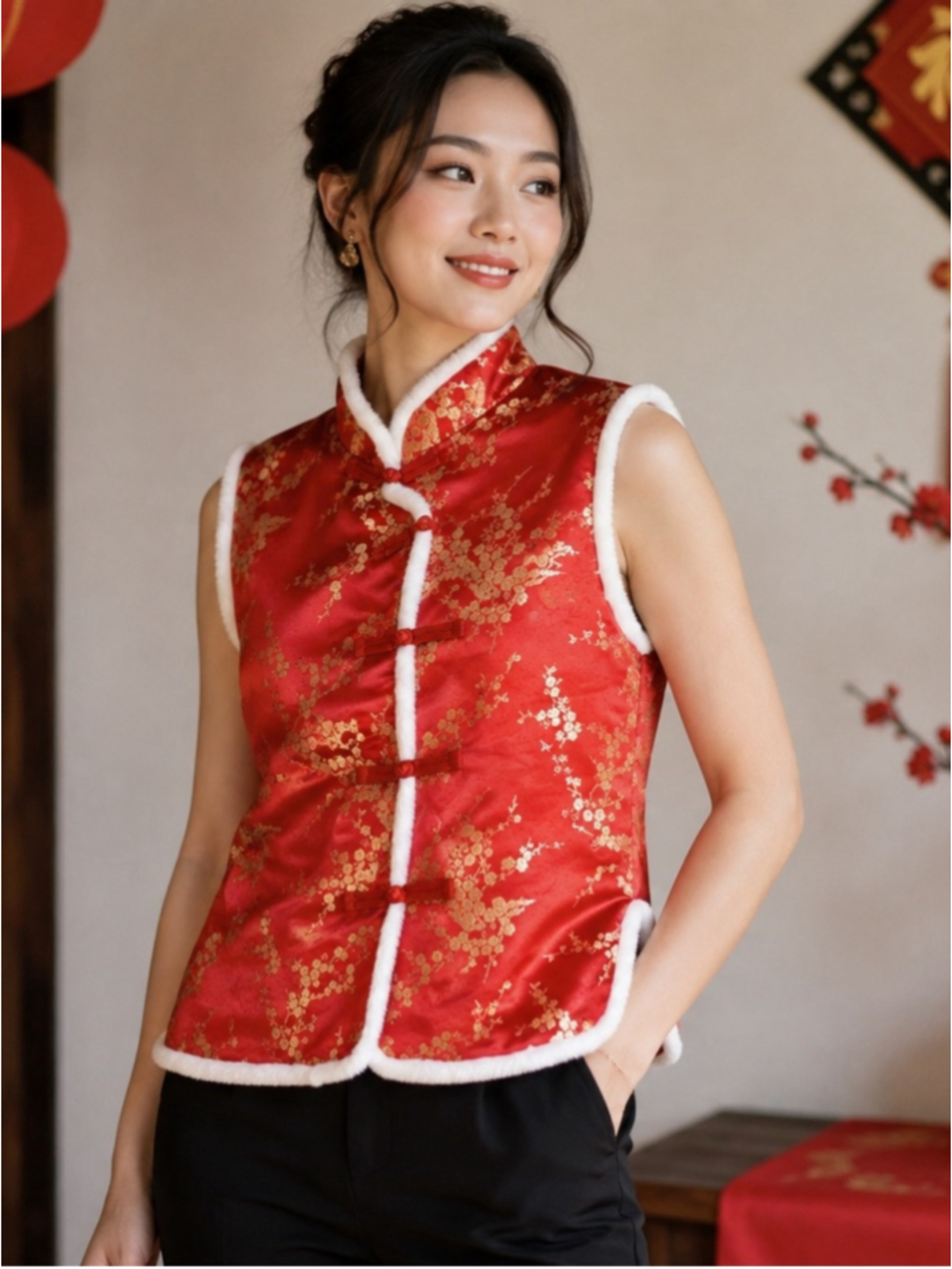 Yun Qi Fang Red Chinese Style Satin Vest with Gold Floral Brocade Size L